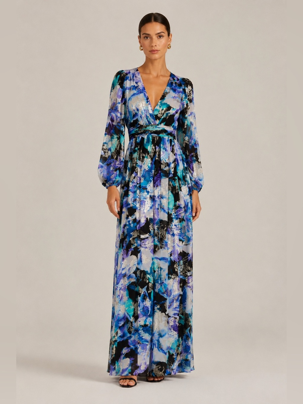 Emanuel Ungaro Izzy Metallic Silk Floral Maxi Dress Size 8 NWT
